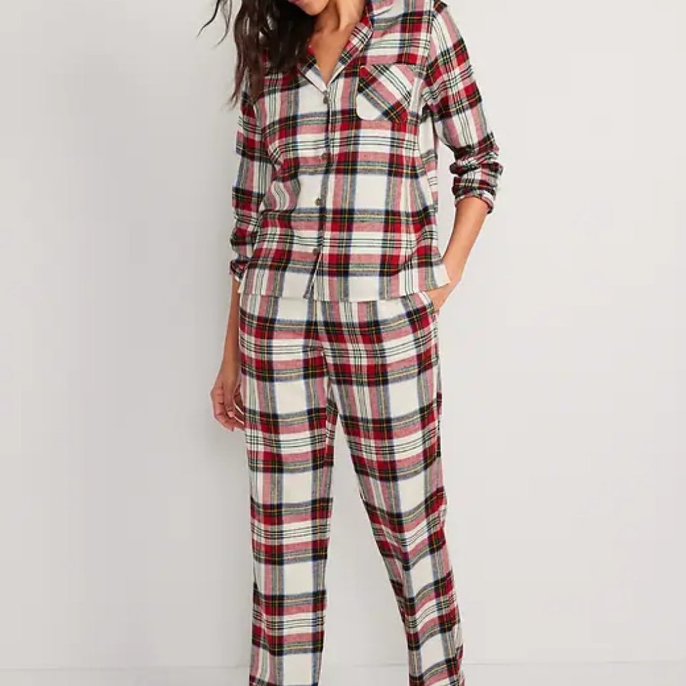 NWT OLD NAVY FLANNEL L/S WHITE TARTAN PAJAMAS SIZE MEDIUM TALL